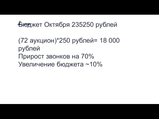 Бюджет Октября 235250 рублей (72 аукцион)*250 рублей= 18 000 рублей Прирост звонков