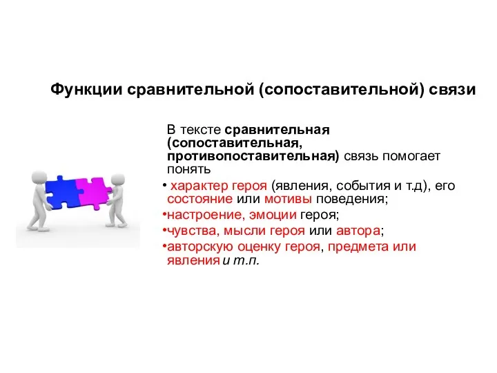 Функции сравнительной (сопоставительной) связи В тексте сравнительная (сопоставительная, противопоставительная) связь помогает понять