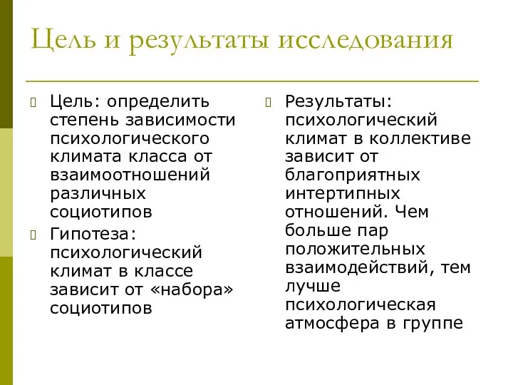 Цель и результаты исследования Цель: определить степень зависимости психологического климата класса от