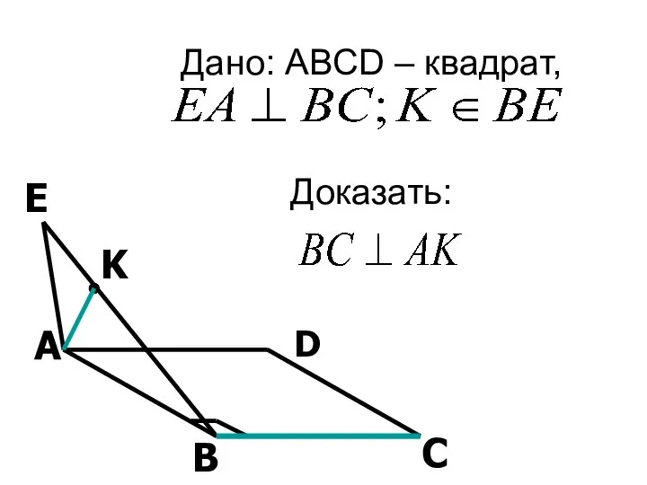 Дано: ABCD – квадрат, Доказать: А В С D E K