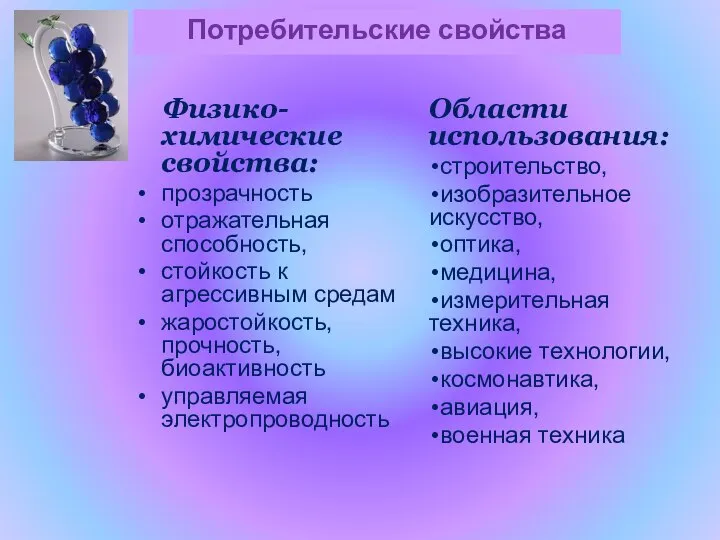 Физико-химические свойства: прозрачность отражательная способность, стойкость к агрессивным средам жаростойкость, прочность, биоактивность