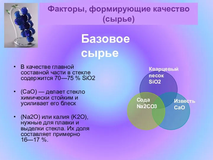 В качестве главной составной части в стекле содержится 70—75 % SiO2 (CaO)