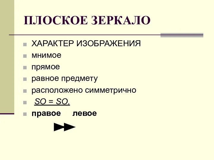 ПЛОСКОЕ ЗЕРКАЛО ХАРАКТЕР ИЗОБРАЖЕНИЯ мнимое прямое равное предмету расположено симметрично SO = SO, правое левое