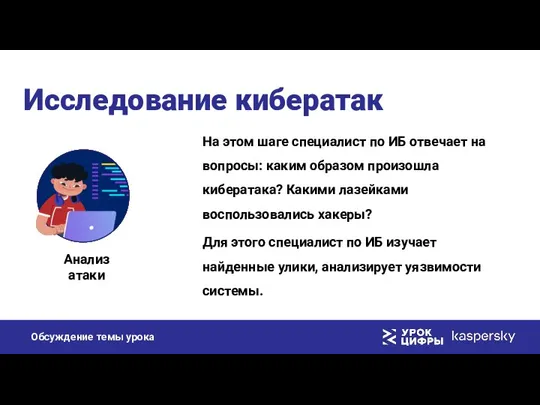 Исследование кибератак На этом шаге специалист по ИБ отвечает на вопросы: каким