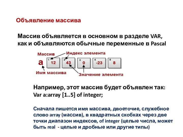Объявление массива Массив объявляется в основном в разделе VAR, как и объявляются