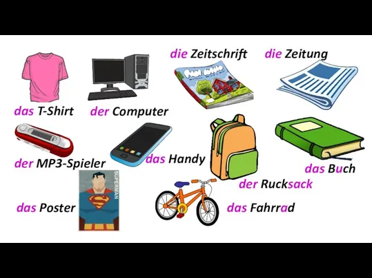 das T-Shirt die Zeitschrift das Buch der MP3-Spieler der Rucksack das Handy