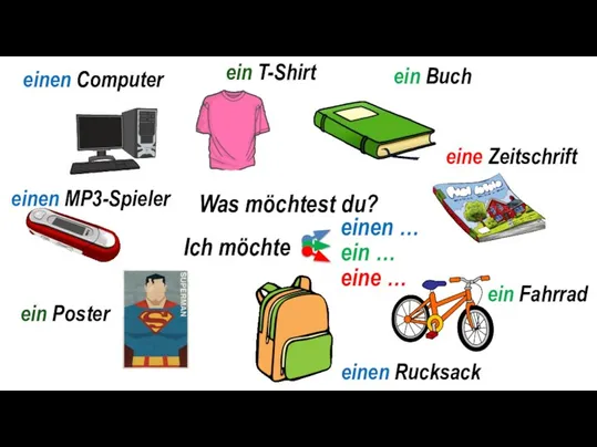 Was möchtest du? Ich möchte einen Сomputer ein T-Shirt ein Buch eine