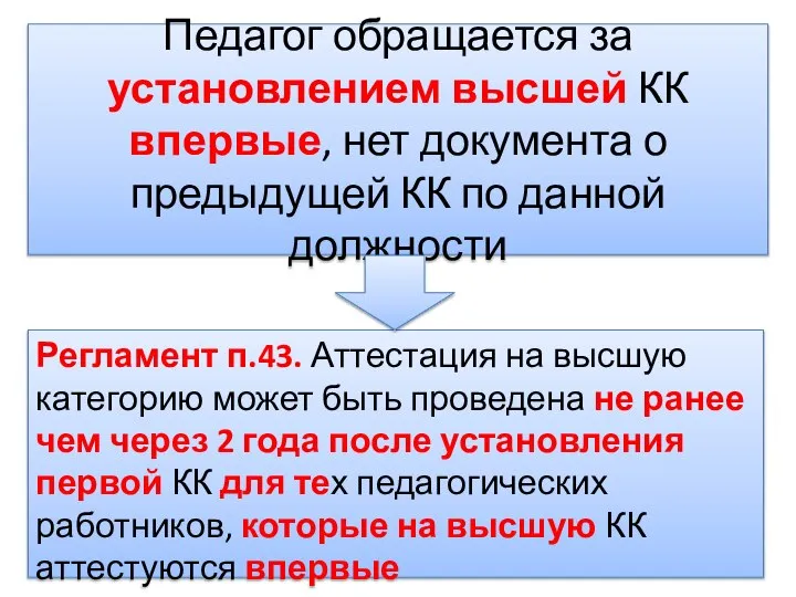 Педагог обращается за установлением высшей КК впервые, нет документа о предыдущей КК