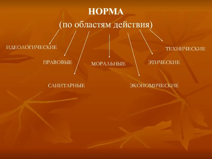 НОРМА (по областям действия) ИДЕОЛОГИЧЕСКИЕ ПРАВОВЫЕ ТЕХНИЧЕСКИЕ ЭТИЧЕСКИЕ ЭКОНОМИЧЕСКИЕ САНИТАРНЫЕ МОРАЛЬНЫЕ