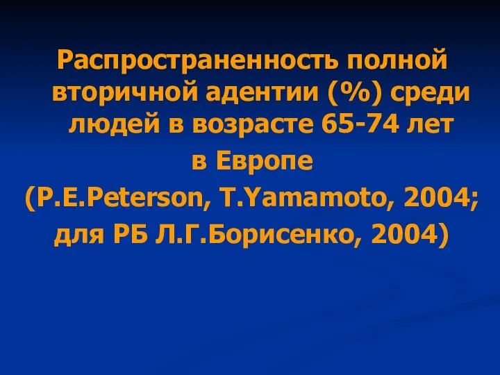 Распространенность полной вторичной адентии (%) среди людей в возрасте 65-74 лет в