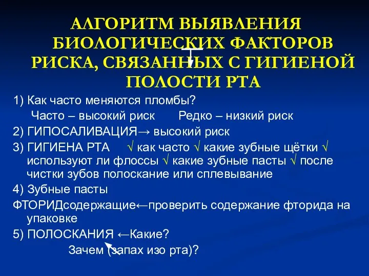 АЛГОРИТМ ВЫЯВЛЕНИЯ БИОЛОГИЧЕСКИХ ФАКТОРОВ РИСКА, СВЯЗАННЫХ С ГИГИЕНОЙ ПОЛОСТИ РТА 1) Как