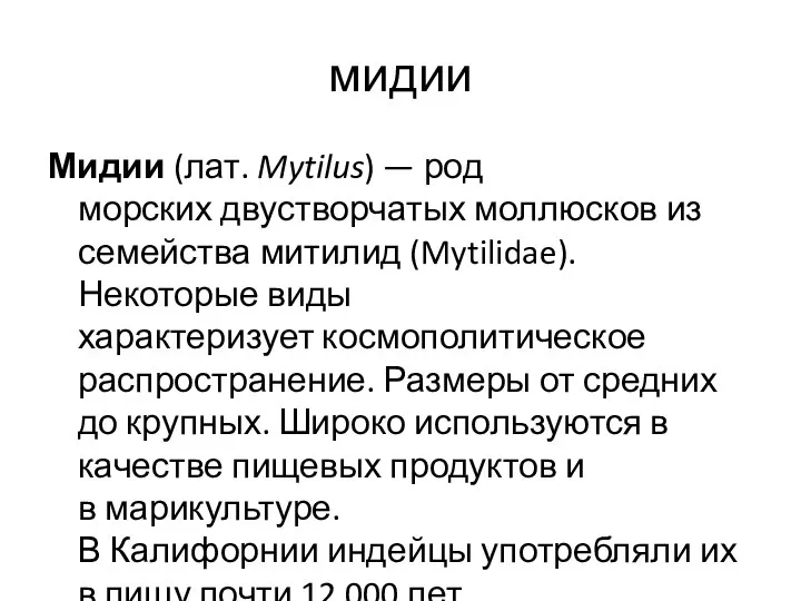 мидии Мидии (лат. Mytilus) — род морских двустворчатых моллюсков из семейства митилид