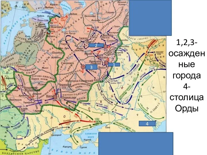 1,2,3- осажденные города 4-столица Орды 2 1 3 4