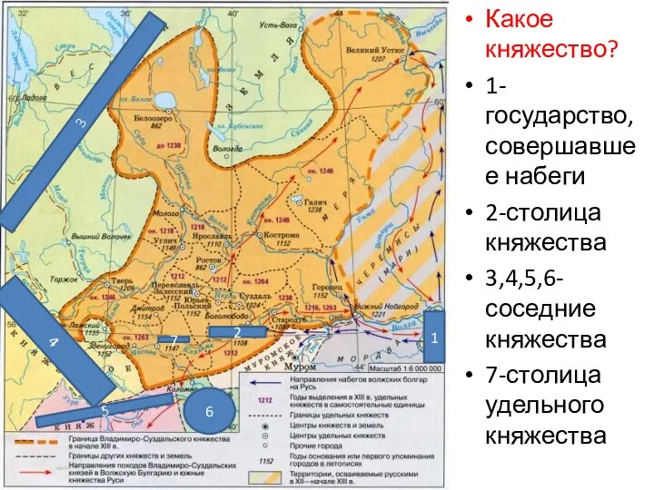 Какое княжество? 1-государство, совершавшее набеги 2-столица княжества 3,4,5,6-соседние княжества 7-столица удельного княжества