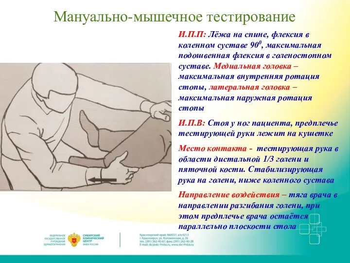 Мануально-мышечное тестирование И.П.П: Лёжа на спине, флексия в коленном суставе 900, максимальная