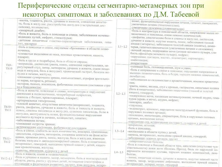 Периферические отделы сегментарно-метамерных зон при некоторых симптомах и заболеваниях по Д.М. Табеевой