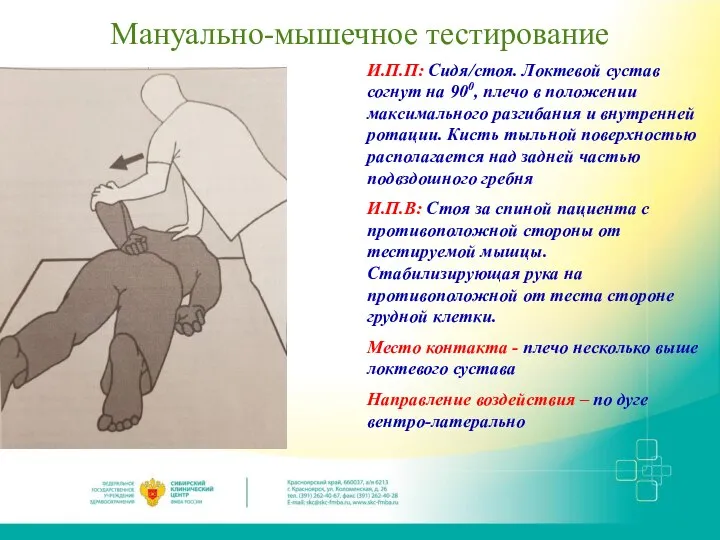 Мануально-мышечное тестирование И.П.П: Сидя/стоя. Локтевой сустав согнут на 900, плечо в положении