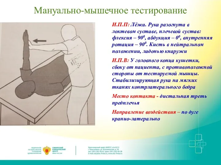 Мануально-мышечное тестирование И.П.П: Лёжа. Рука разогнута в локтевом суставе, плечевой сустав: флексия