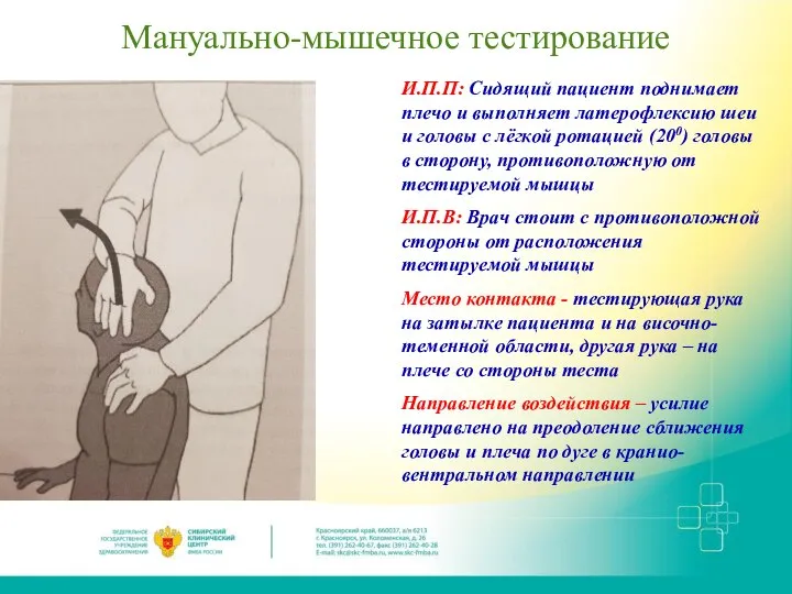 Мануально-мышечное тестирование И.П.П: Сидящий пациент поднимает плечо и выполняет латерофлексию шеи и