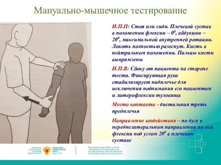 Мануально-мышечное тестирование И.П.П: Стоя или сидя. Плечевой сустав в положении флексии –