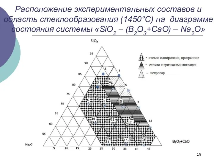 Расположение экспериментальных составов и область стеклообразования (1450°С) на диаграмме состояния системы «SiO2 – (B2O3+CaO) – Na2O»