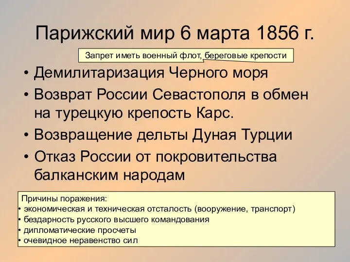 Парижский мир 6 марта 1856 г. Демилитаризация Черного моря Возврат России Севастополя
