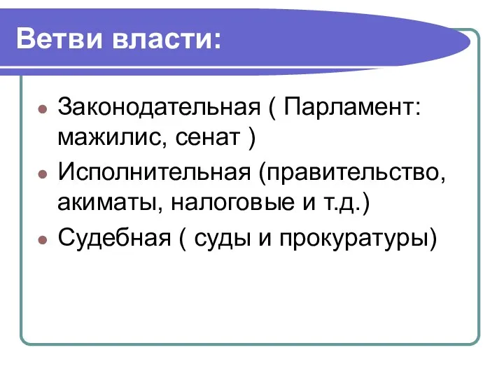 Ветви власти: Законодательная ( Парламент: мажилис, сенат ) Исполнительная (правительство, акиматы, налоговые