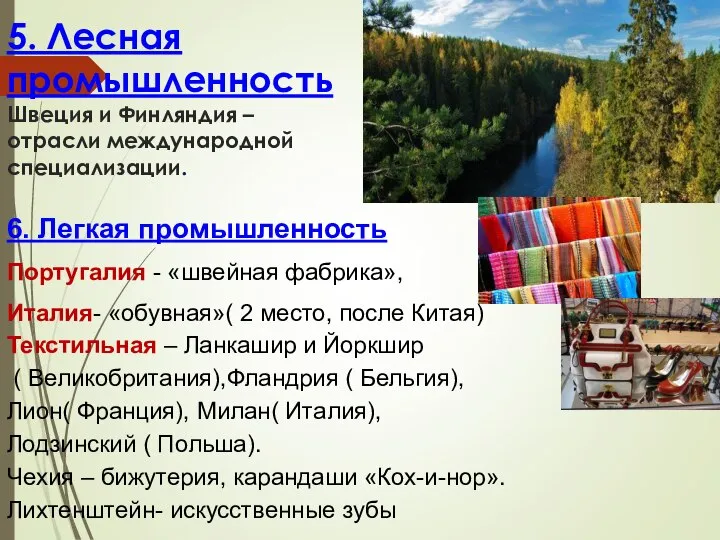 5. Лесная промышленность Швеция и Финляндия – отрасли международной специализации. 6. Легкая