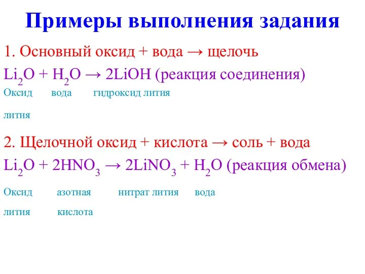 Примеры выполнения задания 1. Основный оксид + вода → щелочь Li2O +