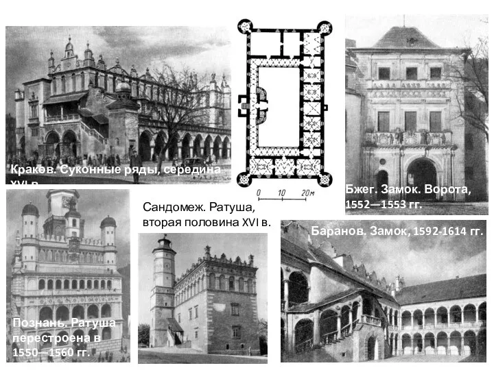 Бжег. Замок. Ворота, 1552—1553 гг. Баранов. Замок, 1592-1614 гг. Краков. Суконные ряды,