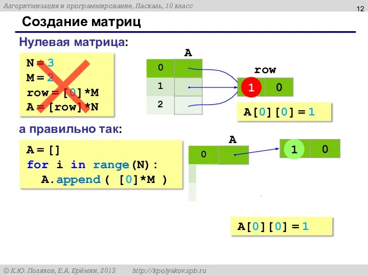 Создание матриц N = 3 M = 2 row = [0]*M A