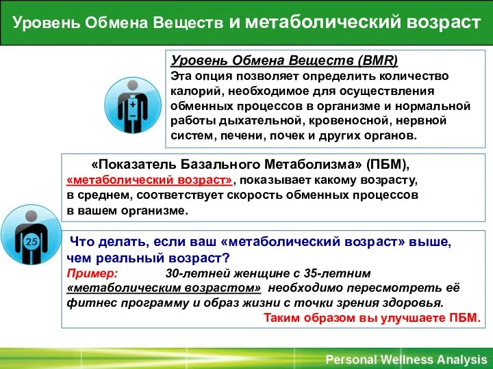 Уровень Обмена Веществ и метаболический возраст Уровень Обмена Веществ (BMR) Эта опция