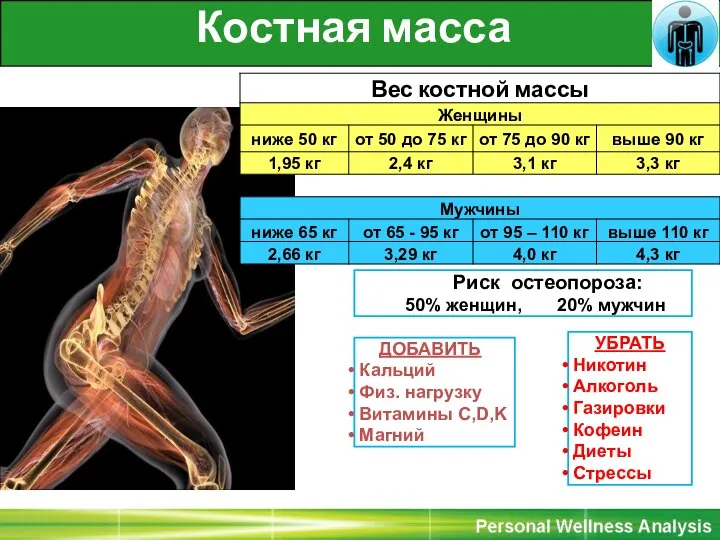 Костная масса ДОБАВИТЬ Кальций Физ. нагрузку Витамины C,D,K Магний УБРАТЬ Никотин Алкоголь