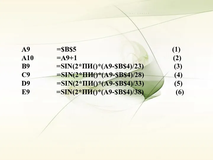 А9 =$В$5 (1) А10 =А9+1 (2) В9 =SIN(2*ПИ()*(А9-$В$4)/23) (3) С9 =SIN(2*ПИ()*(А9-$В$4)/28) (4)