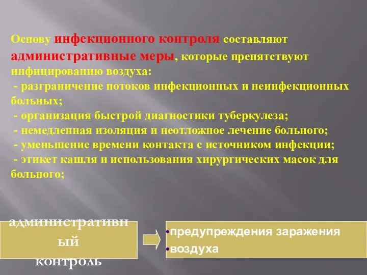 Основу инфекционного контроля составляют административные меры, которые препятствуют инфицированию воздуха: - разграничение