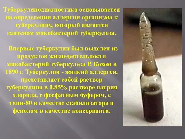 Туберкулинодиагностика основывается на определении аллергии организма к туберкулину, который является гаптеном микобактерий