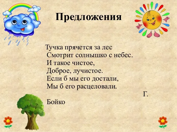 Предложения Тучка прячется за лес Смотрит солнышко с небес. И такое чистое,