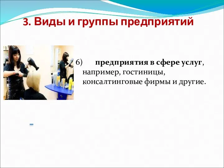 3. Виды и группы предприятий 6) предприятия в сфере услуг, например, гостиницы, консалтинговые фирмы и другие.