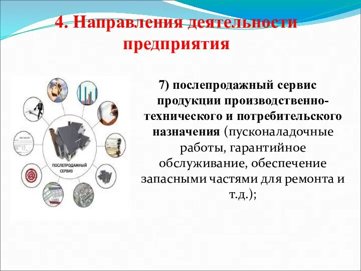 4. Направления деятельности предприятия 7) послепродажный сервис продукции производственно-технического и потребительского назначения