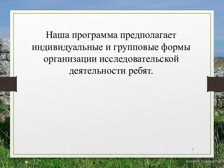 Наша программа предполагает индивидуальные и групповые формы организации исследовательской деятельности ребят.