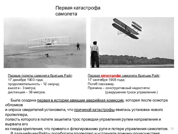Первые полеты самолета братьев Райт: 17 декабря 1903 года; продолжительность - 12