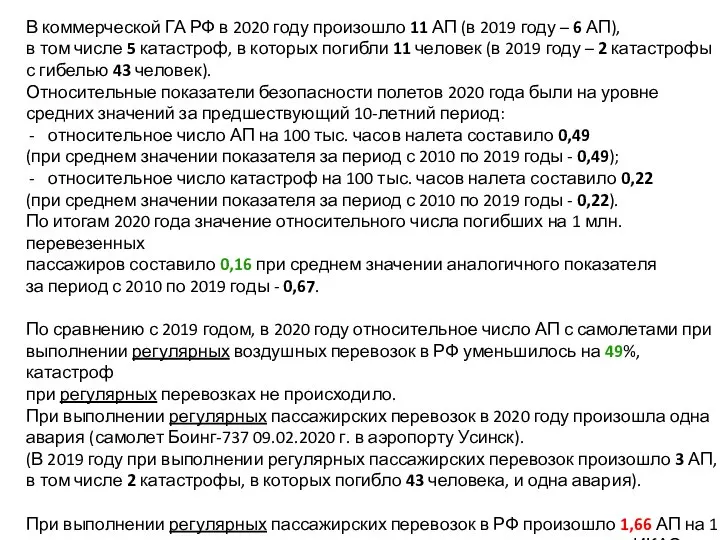 В коммерческой ГА РФ в 2020 году произошло 11 АП (в 2019
