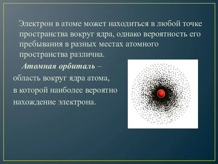 Электрон в атоме может находиться в любой точке пространства вокруг ядра, однако