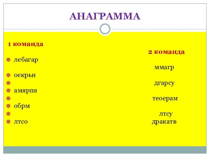 АНАГРАММА 1 команда 2 команда лебагар ммагр оекрьн дгарсу амярпя теоерам обрм лтсу лтсо дракатв