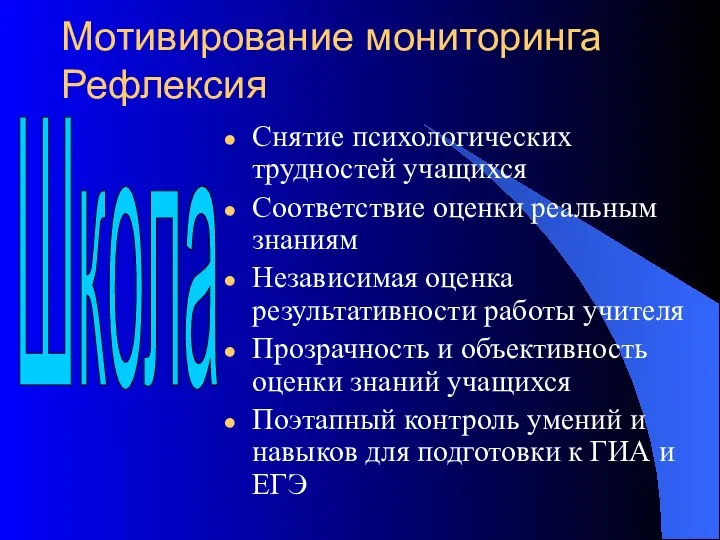 Мотивирование мониторинга Рефлексия Снятие психологических трудностей учащихся Соответствие оценки реальным знаниям Независимая