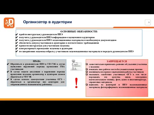 ОСНОВНЫЕ ОБЯЗАННОСТИ: пройти инструктаж у руководителя ППЭ получить у руководителя ППЭ информацию