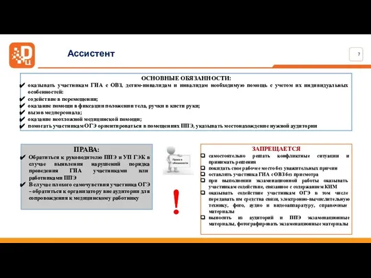 ОСНОВНЫЕ ОБЯЗАННОСТИ: оказывать участникам ГИА с ОВЗ, детям-инвалидам и инвалидам необходимую помощь