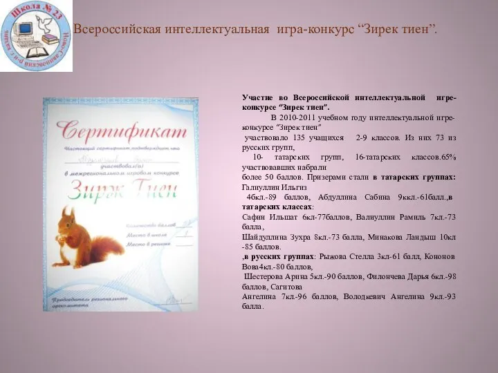 Участие во Всероссийской интеллектуальной игре-конкурсе “Зирек тиен”. В 2010-2011 учебном году интеллектуальной