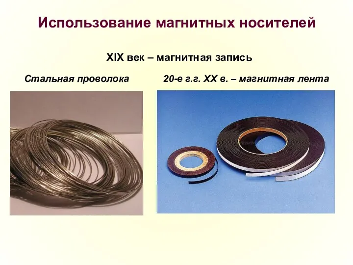 Использование магнитных носителей XIX век – магнитная запись Стальная проволока 20-е г.г.