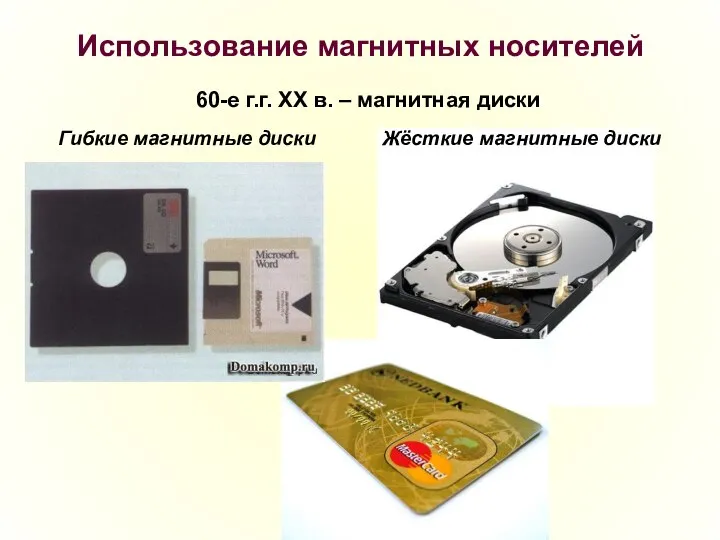 Использование магнитных носителей 60-е г.г. XX в. – магнитная диски Гибкие магнитные диски Жёсткие магнитные диски